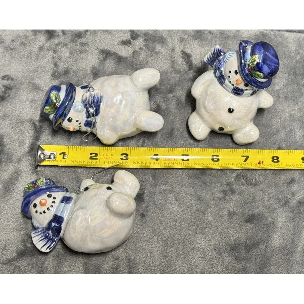 Snowman Ornaments Set of 3 Ceramic Hand painted Iridescent White w/ blue‎ Hat